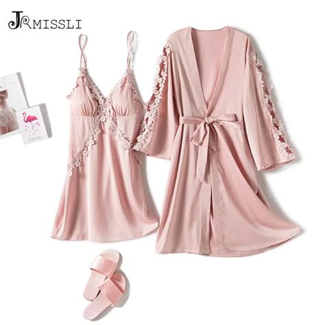 Jrmissli Conjunto De Bata De Seda Satinada Para Mujer Pijama Sexy Para