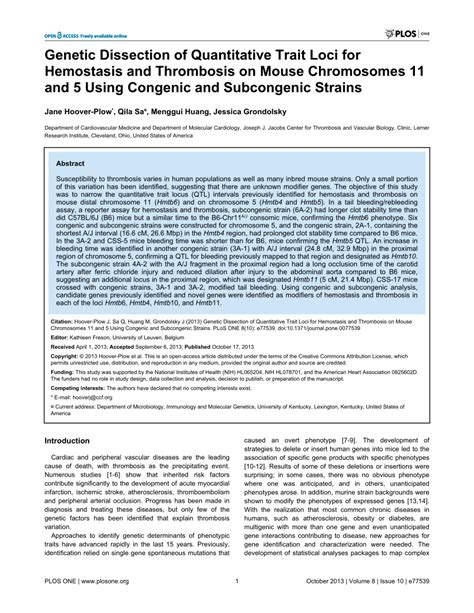 PDF Genetic Dissection Of Quantitative Trait Loci For Hemostasis And