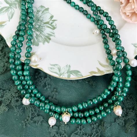 Malachite Freshwater Pearls Triple Strands Necklace Farra Wolf