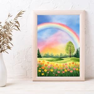 Rainbow Floral Field Watercolor Print Colorful Nature Wall Art Spring