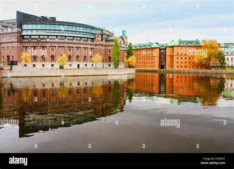 Swedish parliament building and reflection, Stockholm, Sweden Stock ...