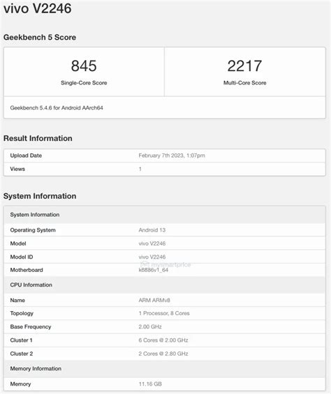 Vivo V27 5g ปรากฎบนแอป Geekbench มาพร้อมชิป Mediatek Ram 12gb และรัน