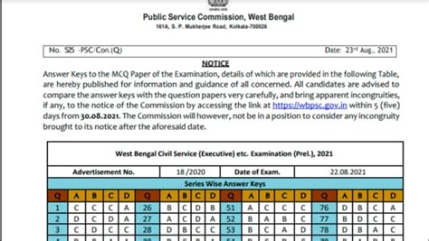 Wbcs Prelims Answer Key Released For Aug Exams On Wbpsc Gov In