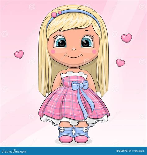 A Pretty Cartoon Girl In A Pink Dress With Blue Bow Stock Vector