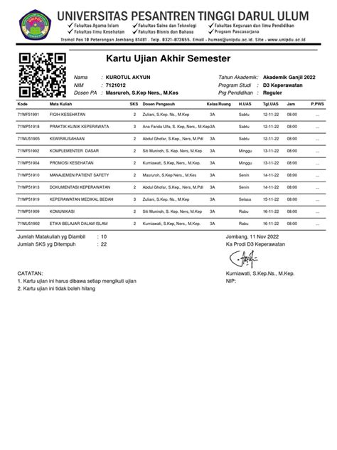 Kartu Ujian Akhir Semester Pdf