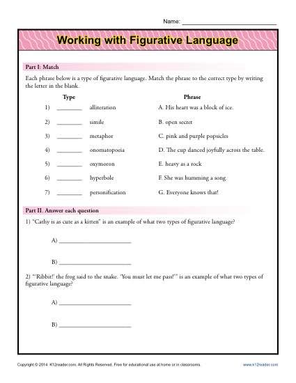 Figurative Language Worksheets 5th Grade