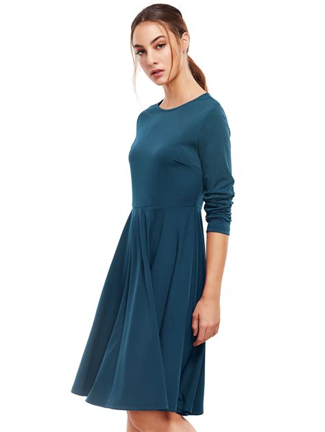 Shop Blue Pleated Long Sleeve A Line Dress Online Shein Offers Blue