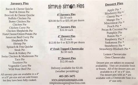 Simple Simon Pies Menu Menu For Simple Simon Pies Fairview Calgary