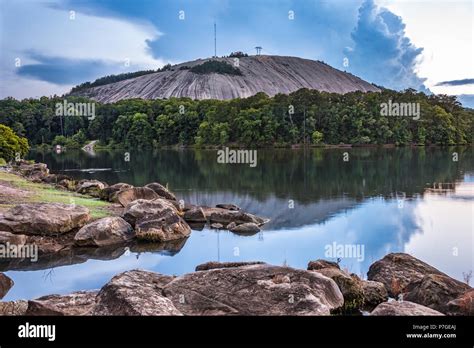 Scenic view of Stone Mountain across Stone Mountain Lake in Atlanta, Georgia's Stone Mountain ...