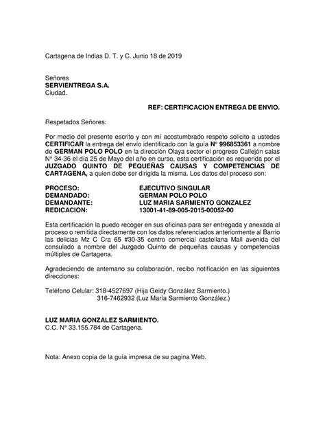 419295905 Carta Servientrega Cartagena De Indias D T Y C Junio 18