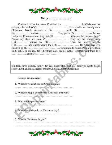 Christmas Gap Filling Exercise ESL Worksheet By Peachflower