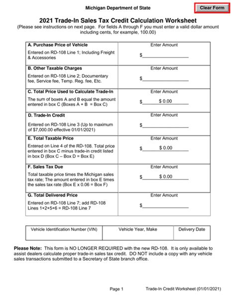 2021 Michigan Trade In Sales Tax Credit Calculation Worksheet Fill