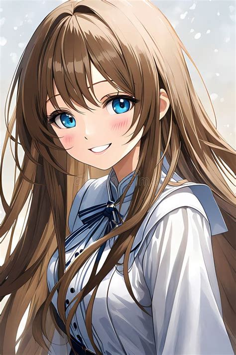 A Cute Anime Girl with Beautiful Blue Eyes, Brown Long Hair, Smile ...