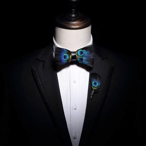 Peacock Midnight Eye Feather Bow Tie And Lapel Pin Set Handmade Mandujour