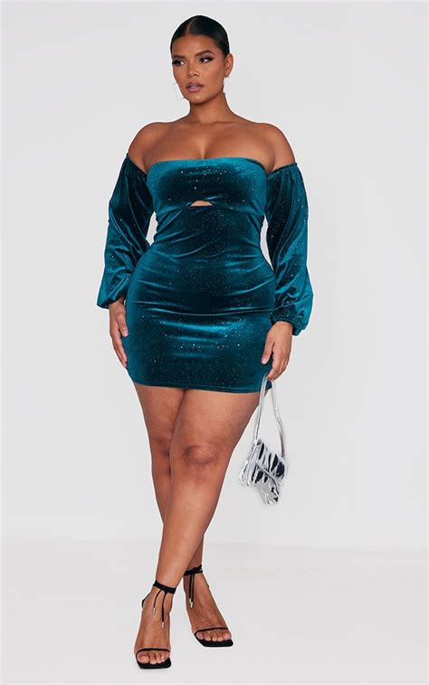 Plus Emerald Green Glitter Bardot Bodycon Dress Prettylittlething Ire