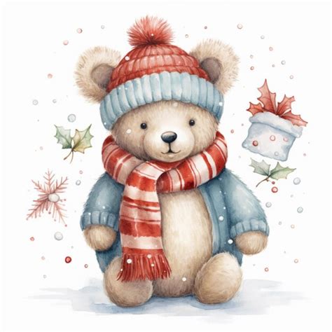 Premium Ai Image There Is A Teddy Bear Wearing A Scarf And A Hat Generative Ai