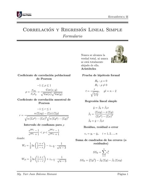 Forlulario DE Correlación Y Regresión Lineal Simple Estad ıstica II