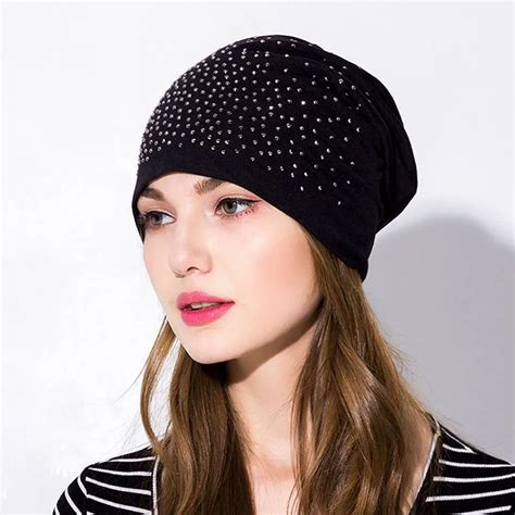 Naiveroo Rhinestone Beanies Women Cap Autumn Winter Warm Knitted Cap Solid Color Skullies For