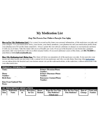 Free 50 Medication List Samples In Pdf Ms Word