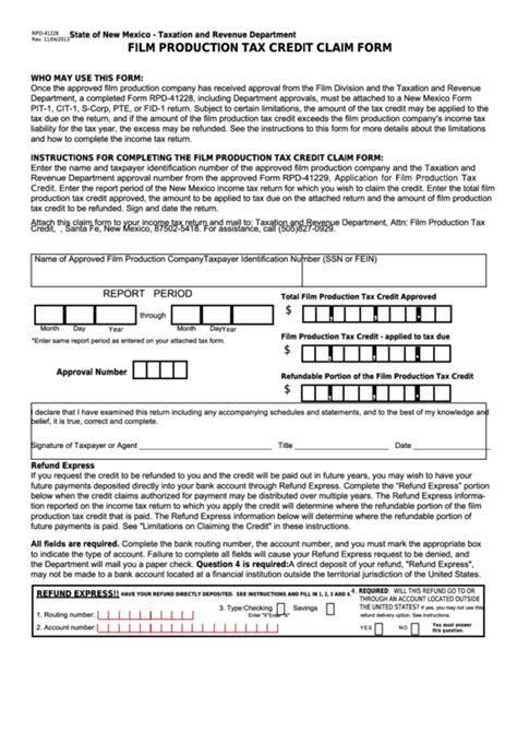 Fillable Form Rpd 41228 New Mexico Film Production Tax Credit Claim