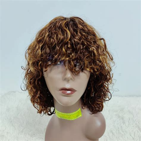 Letsfly High Density Full Machine Made Curly Hair Wigs With Bang Wet And Wave Brazilian Hair