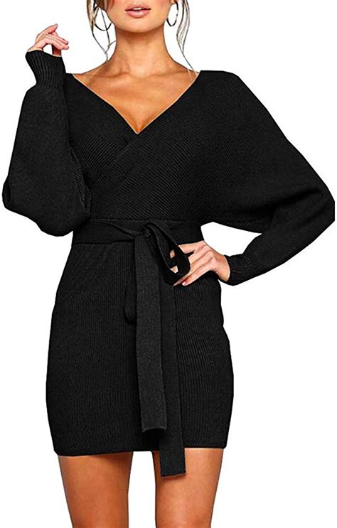 Mansy Womens Sexy Cocktail Batwing Long Sleeve Backless Mock Wrap Knit