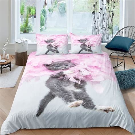 Chat Chaton Mignon Et Plumes Roses Parure De Lit 3 Pieces 1 Housse De