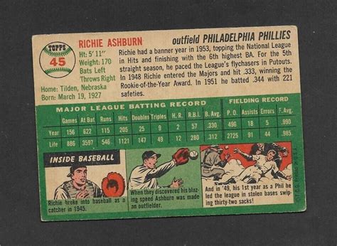 1954 Topps 45 Richie Ashburn Philadelphia Phillies Baseball HOF