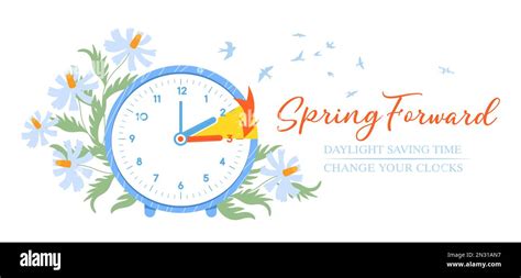 Spring Forward Daylight Saving Time Begins Concept Set Clock Forward