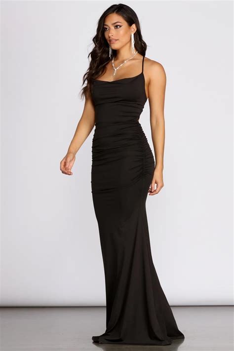 Rona Cowl Neck Lace Up Back Dress In 2021 Prom Dresses Long Black Black Satin Bridesmaid