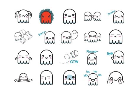 Premium Vector Cute White Ghost Sticker Character Set With Multiple