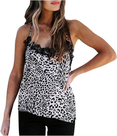 Damen T Shirts Ärmellos V Ausschnitt Leopard Tank Tops mit Spitze Weste