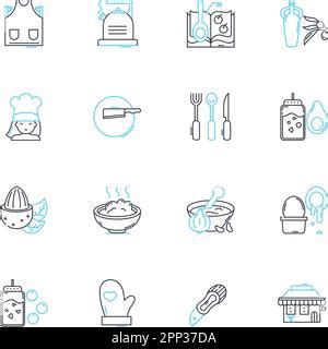 Cooking techniques linear icons set. Blanching, Braising, Broiling, Caramelizing, Charring ...