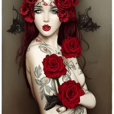 Beautiful Woman With Red Roses And Tattoos In The Style Of Camelia D