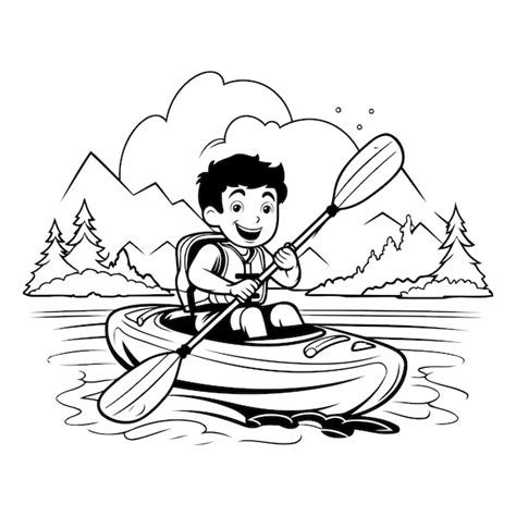 Un niño lindo remando un kayak en el lago dibujos animados ilustración