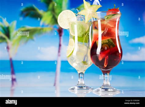 Exotic alcohol drinks set with fruits Stock Photo - Alamy