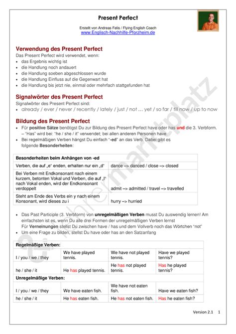 Present Perfect Arbeitsblätter Mit Lösungen Pdf Und Docx