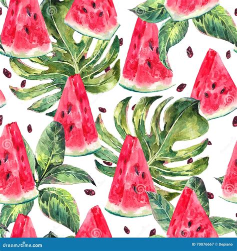 Watercolor Seamless Pattern With Slices Of Watermelon Stock