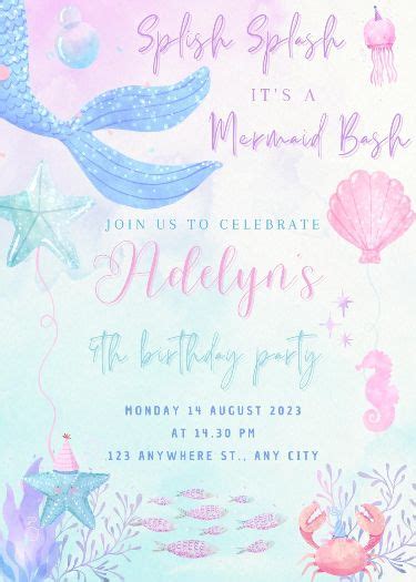 Editable Mermaid Birthday Invitation Under The Sea Splish Splash Invite Printable Pastel