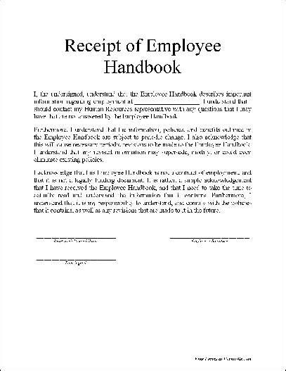 Free Basic Employee Handbook Receipt From Formville