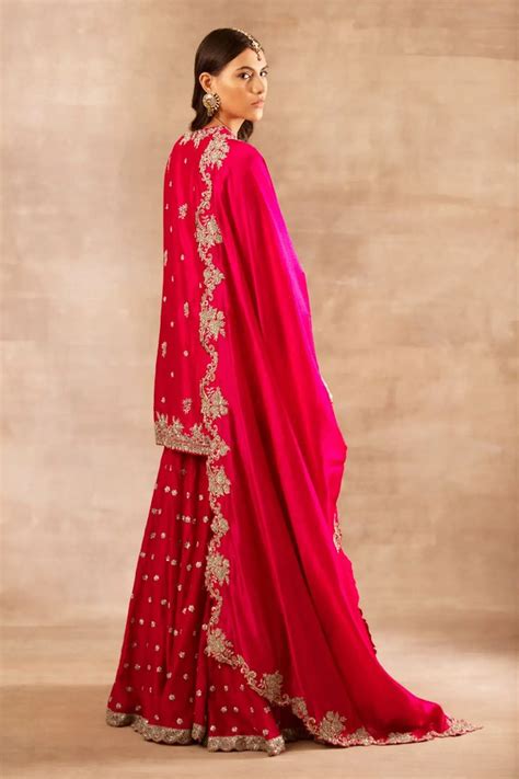 Buy Red Silk Embroidered Zardozi Round Tunic Sharara Set For Women By