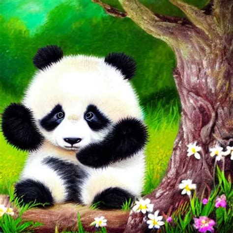 Cute Fluffy Baby Panda Cub Sitting In Spring Meadow Stable Diffusion