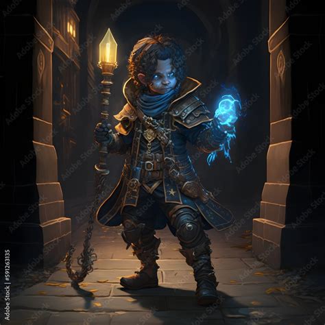 40yearold Male Halfling Rogue Black Leather Armor With Intricate Patterns In Gold And Dark Blue