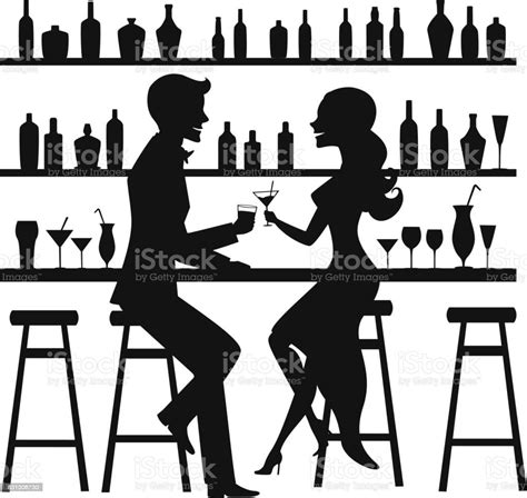 Man And Woman Night Out Date Romantic Elegant Couple Sitting At The Bar Counter Drinking