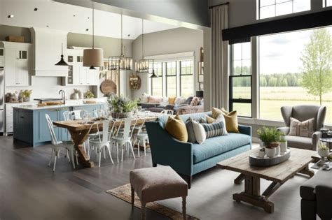 A Modern Farmhouse With Open Floor Plan Sleek Furnishings And Pops Of