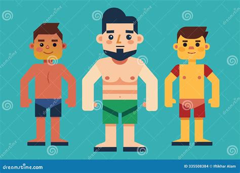 Three Cartoon Male Figures Showcase Various Body Shapes And Styles In A Vibrant Setting Types