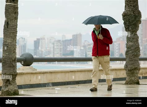 Tourists With Umbrellas Walking In Benidorm Rain Shower Stock Photo Alamy