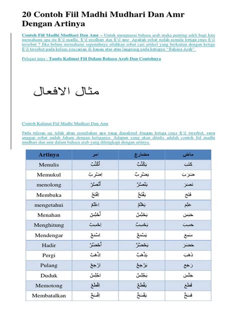 20 Contoh Fiil Madhi Mudhari Dan Amr Dengan Artinya