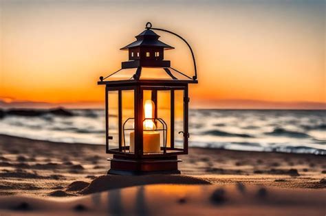 Premium AI Image | a lantern on the beach at sunset