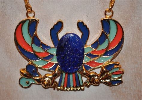 Vintage By Sphinx Enameled Gold Metal Egyptian Revival Winged Scarab